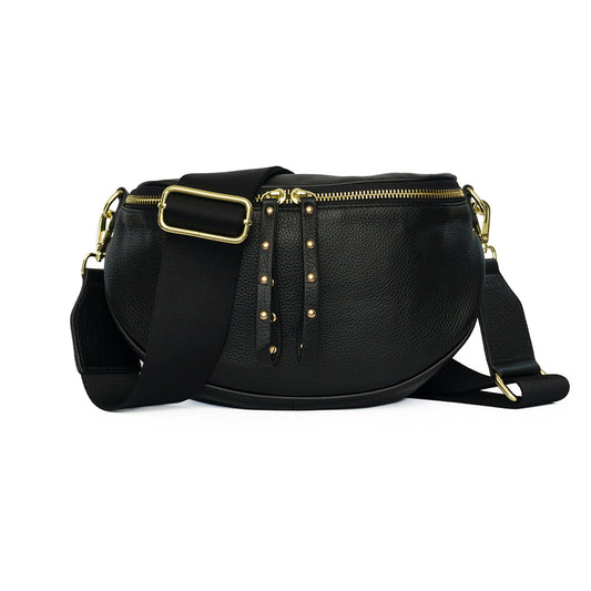 Leather Crossbody Bag | Black with Black Woven Strap
