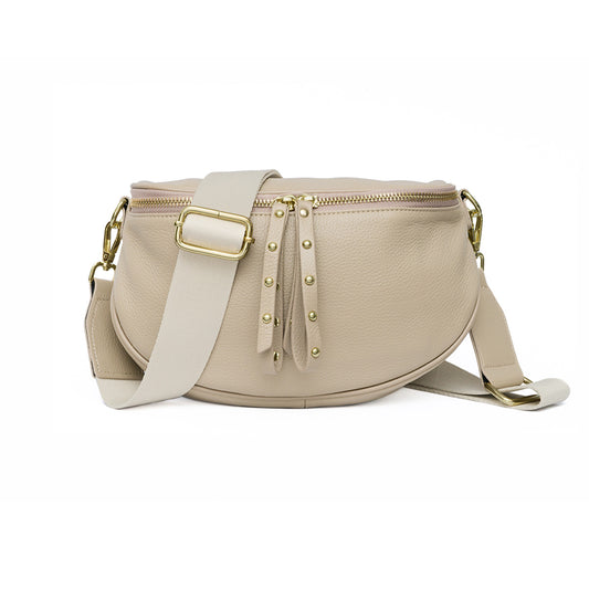 Leather Crossbody Bag | Taupe with Broad Woven Strap