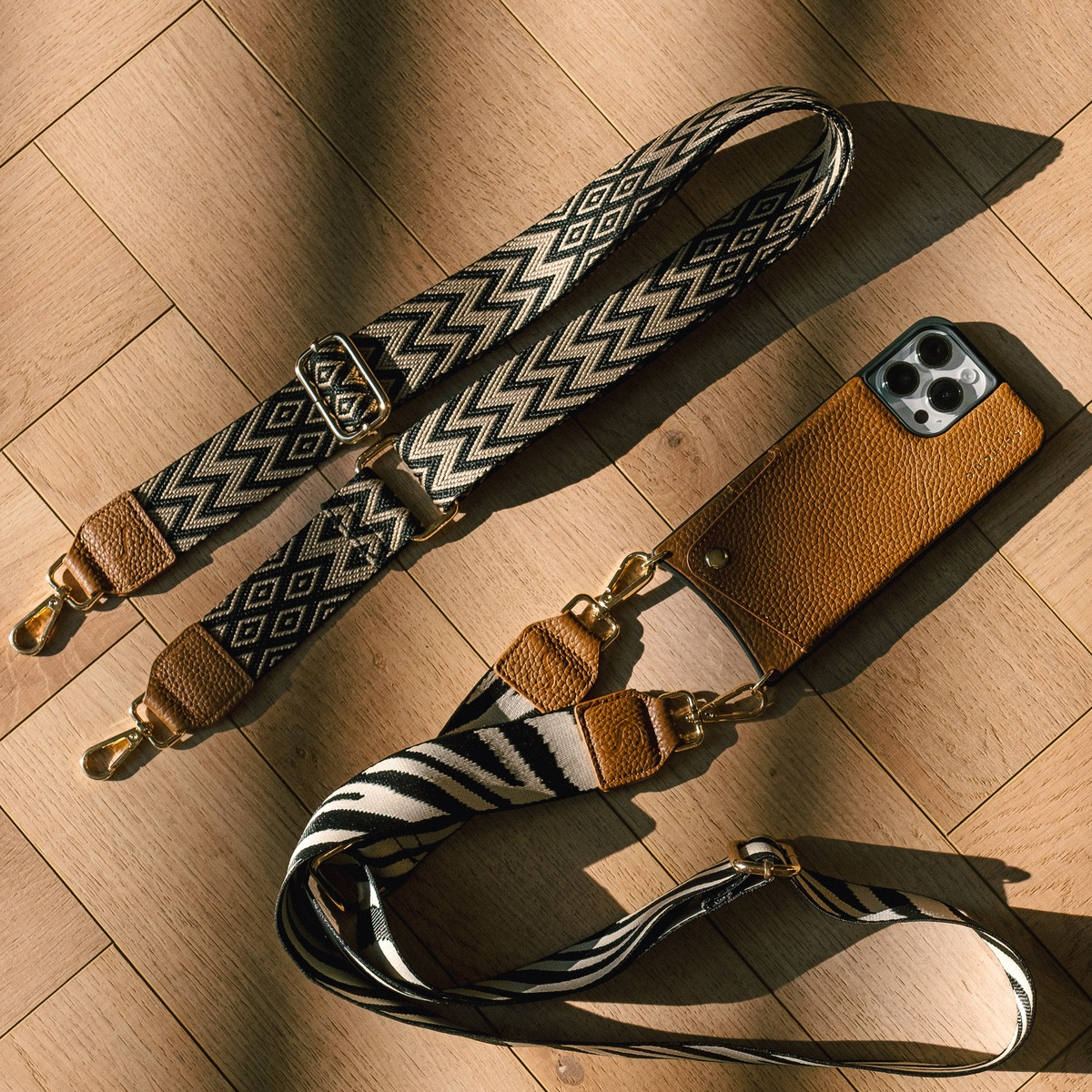 Tribal Woven Strap | Black & Taupe with Gold Hardware