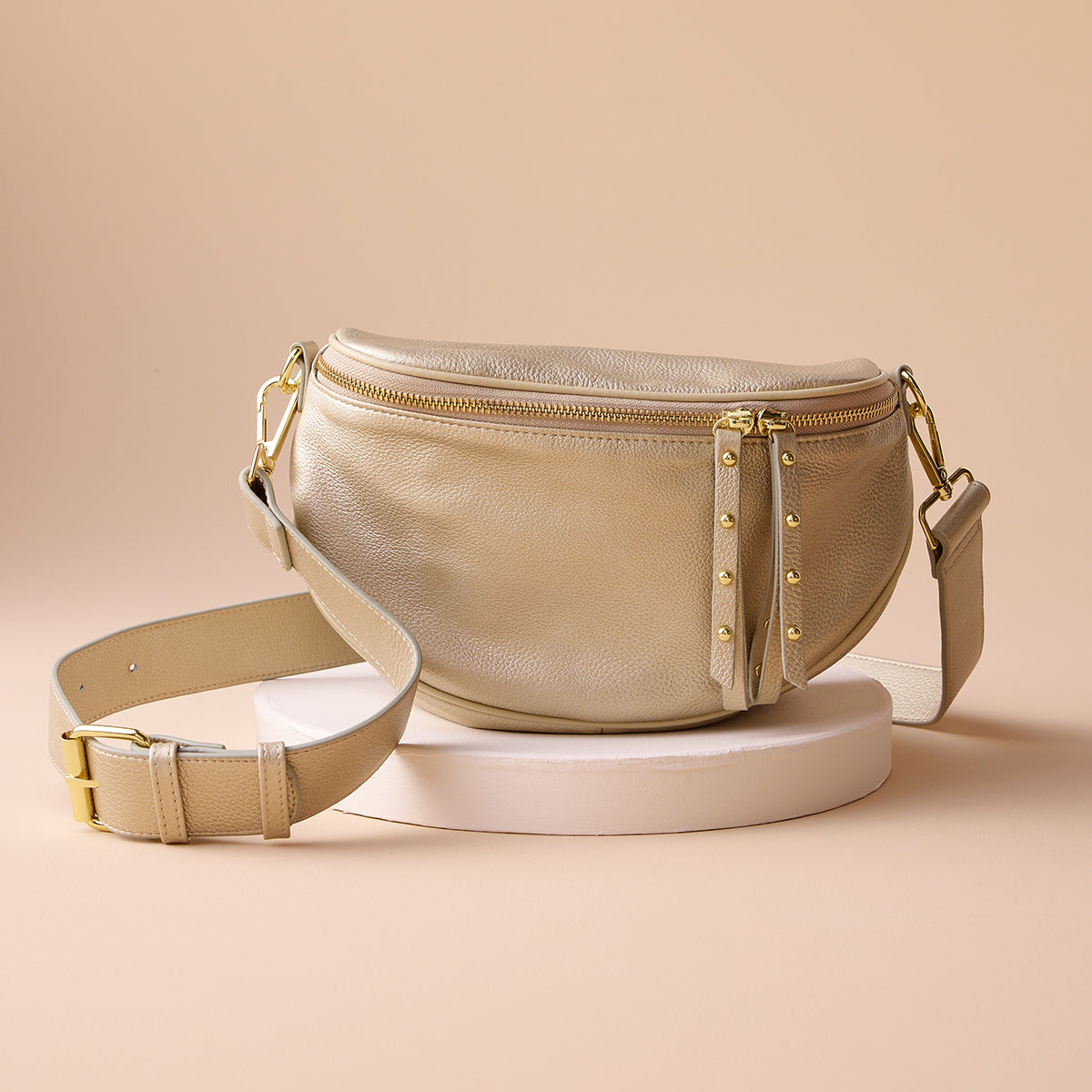 Leather Crossbody Bag | Gold with Leather Strap