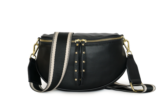 Se-rene Crossbody Bag - Black with Striped Elegance Shoulder Strap