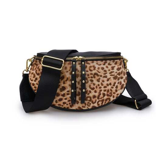 Leather Crossbody Bag | Black & Leopard with Woven Strap