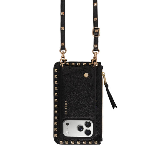 Leather iPhone Complete Set | Black with Gold Pyramid Studs