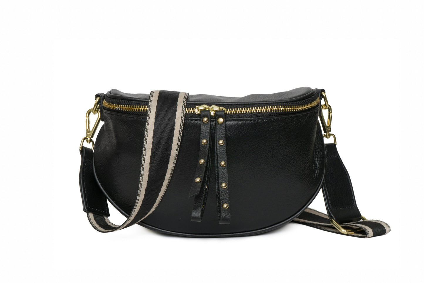 Se-rene Crossbody Bag - Black with Striped Elegance Shoulder Strap