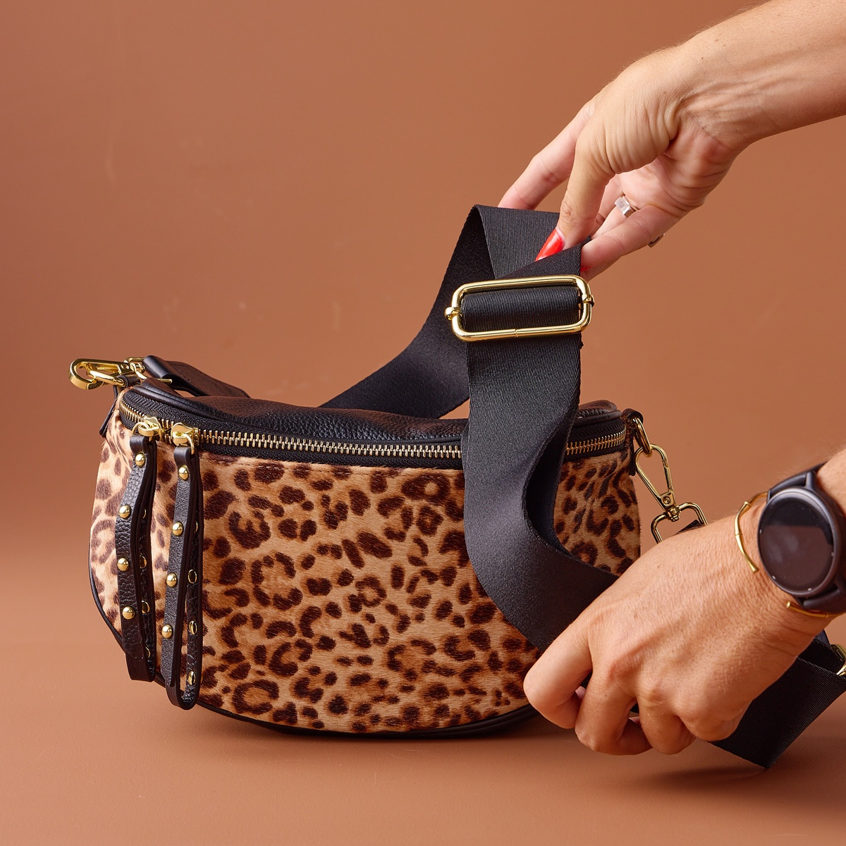 Leather Crossbody Bag | Black & Leopard with Woven Strap