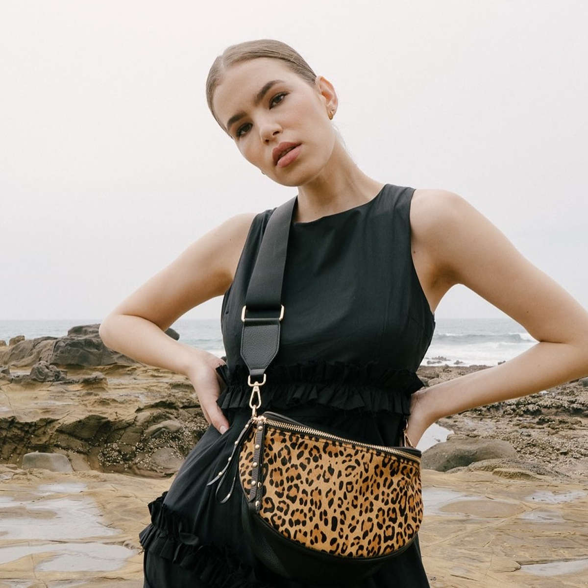 Leather Crossbody Bag | Black & Leopard with Woven Strap